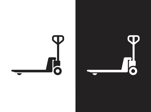 Outline and black fill icon set showing a warehouse hand pallet truck equipment with warehouse
