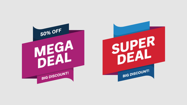 Modern vector sale tags offering MEGA DEAL and SUPER DEAL promotions on light background