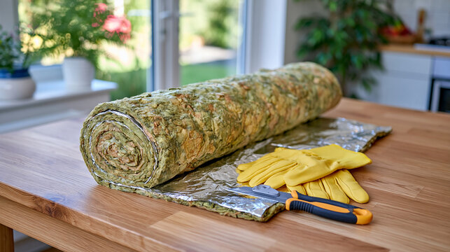 Thick roll of eco friendly thermal insulation material with yellow work gloves and utility knife on a clean wooden tabletop, soft daylight entering from a nearby window, minimal composition with lar