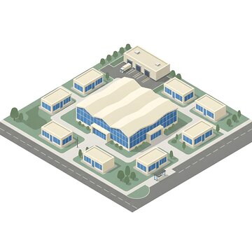 Isometric view of a modern industrial warehouse complex and business park development