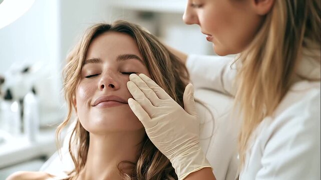 cosmetologist treatment including botox, mesotherapy, dermastamp, laser hair removal, facial cleansing, hydra facial, face massage, peeling, and an anti-age procedure on a female client in a modern ae