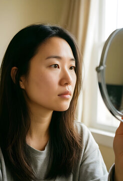 Self care and skincare routine, young asian woman looking in a mirror for facial analysis and beauty wellness check in a bright home interior setting