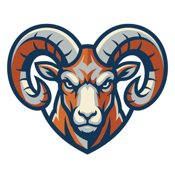 Stylized bighorn ram head mascot logo with large spiraling horns, showcasing a powerful and aggressive expression in shades of orange, cream, and navy blue on a white background.