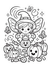 Fototapeta premium Spooky Fairy Halloween Outline Vector Illustration Isolated on White Background