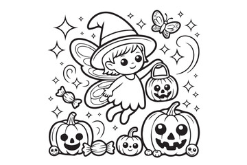 Fototapeta premium Cute Halloween Fairy Line Art Vector Illustration Isolated on White Background