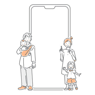 笑顔の四人家族とスマホの画面のフレーム　シンプルでお洒落な線画イラスト