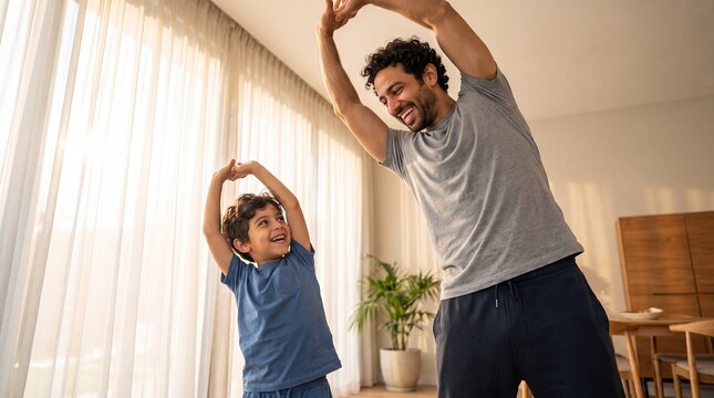 father son stretching fitness home exercise family wellness active bonding captures a cheerful parent and young boy moving together in a sunlit room for healthy routine and family activity campaigns