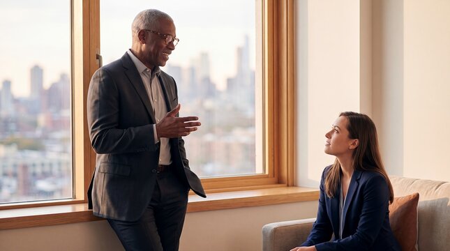 executive mentor woman business leadership career office guidance senior professional Senior Black executive advises a colleague beside a window expressing inclusive leadership and career sponsorship