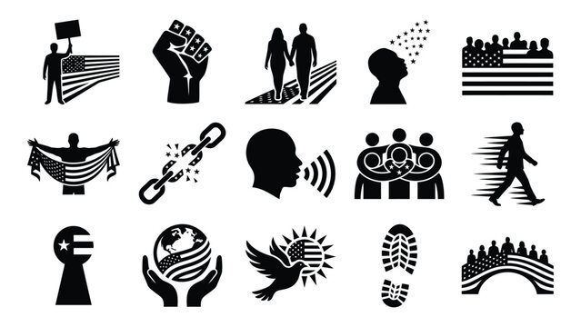 Black silhouette icons representing freedom justice equality and global unity