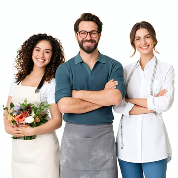 Group of three young professionals, florist, baker and tailor, standing together smiling, showcasing teamwork and cooperation in small business, isolated on white background.
