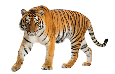 Fototapeta premium Bengal tiger walking forward isolated on white background
