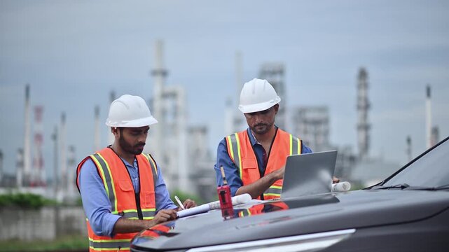 Engineers wearing safety gear, including hard hats examining survey tablet standing industrial facility gas or oil refinery engaged in a job requires high safety standards concept.	