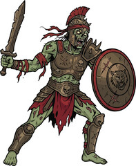 Naklejka premium Undead Roman gladiator warrior holding a sword and shield.