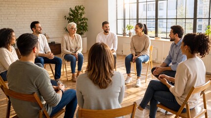 Obraz premium Diverse People Sitting In Circle For Support Group Session In Sunlit Room, Mental Health Awareness And Communication