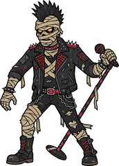 Obraz premium A punk rock mummy character holding a microphone stand.