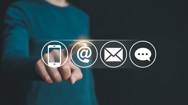 A person's hand pointing to a row of contact icons: phone, email, envelope, and chat