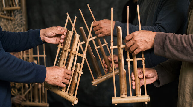 Adult hands playing Indonesian angklung together represent traditional music, cultural heritage, cooperation, and community connection for educational and corporate communication.