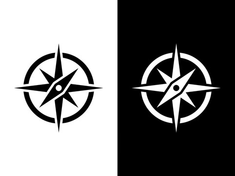 Navigational windrose compass rose direction outline and black fill icon set with windrose