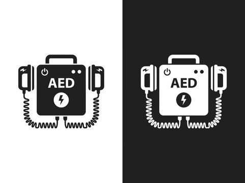 Medical defibrillator emergency aed outline and black fill icon set with defibrillator