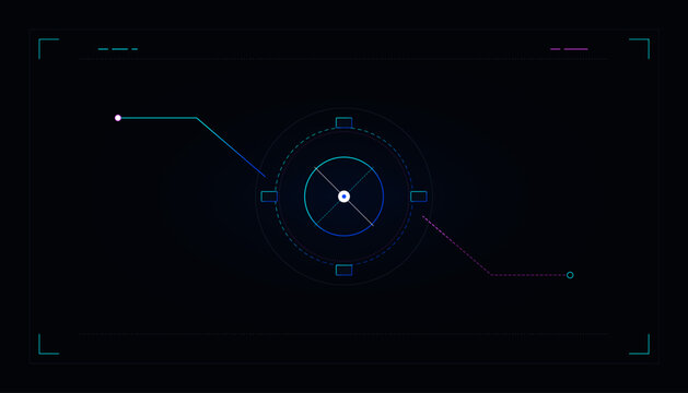 Futuristic HUD interface elements with glowing crosshair and targeting reticle. High tech cyber vector graphics. Modern dark background with blue neon lines and optical lens focus for screens