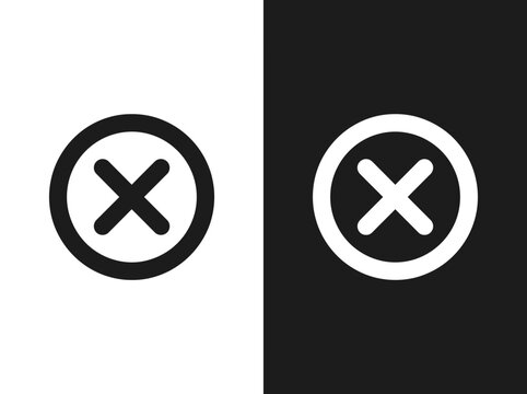Delete remove cross circle outline and black fill icon set with negative interface monochrome