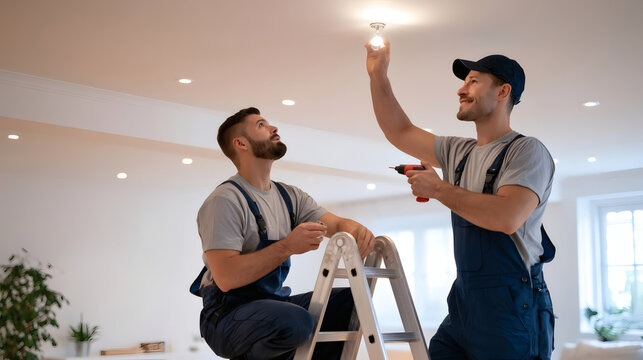 Two electricians in work uniforms replacing a ceiling light bulb in a modern room, teamwork, home repair and maintenance concept.