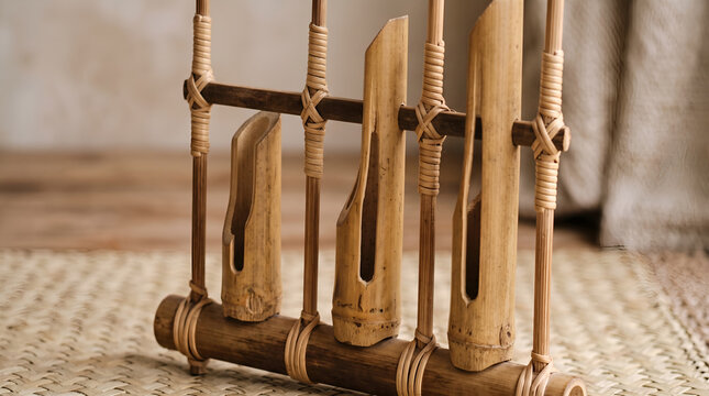 Close-up of an Indonesian angklung reveals natural bamboo craftsmanship, traditional instrument details, and cultural heritage for education and creative communication.