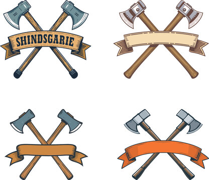 Crossed axes emblem set featuring hatchets, banner ribbon graphics, lumberjack woodcutter symbols, and isolated clean vector design elements for outdoor camping and logging logo layout