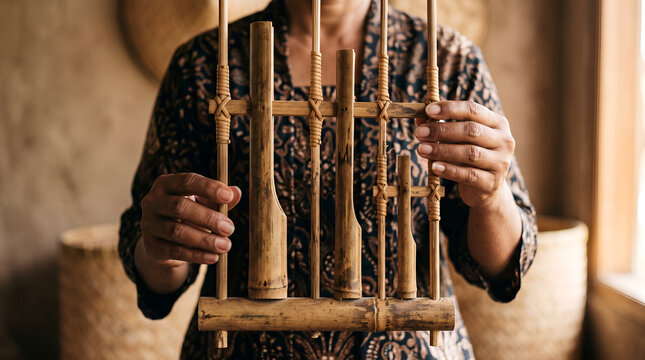 Hands holding a traditional Indonesian angklung highlight bamboo craftsmanship, cultural heritage, traditional music, and authentic Indonesian identity for commercial communication.