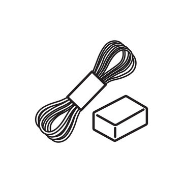 Minimalist line art icon of a colorful skein of waxed thread paired with a beeswax block. 