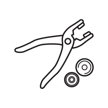 Minimalist line art icon of snap fastener setting pliers with metal snap buttons. 