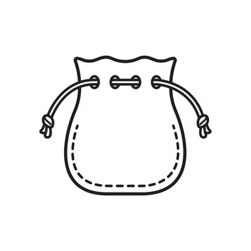 Minimalist line art icon of a small stitched leather pouch with drawstring ties. 