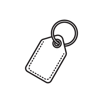 Minimalist line art icon of a finished leather key tag with an embossed letter and keyring. 