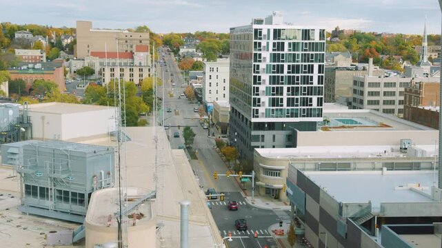 Urban downtown cityscape in Grand Rapids, Michigan. Shot in 4K 24fps.