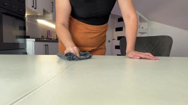 Torso and hands wiping white glossy table with cloth and spray bottle in modern kitchen, with cleaning, wipe, spray, table detail, showing cloth, hand, arm, forearm context