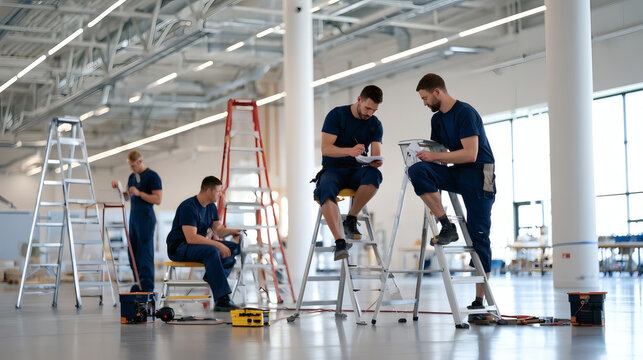 Team of electricians in uniform sitting on ladders, discussing plans and preparing for installation work in a spacious modern industrial building.