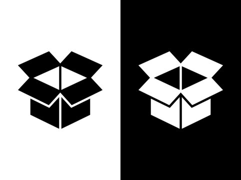 Open cardboard package box shipping outline and black fill icon set with cardboard