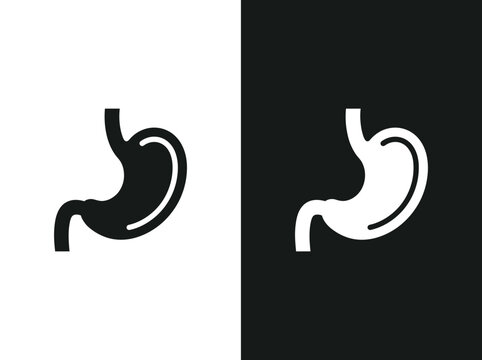 Human stomach organ anatomy outline and black fill icon set with digestive interface isolated