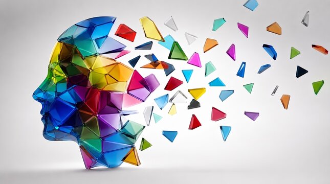 Colorful Geometric Glass Fragments Forming a Human Profile Shattering Into Pieces Isolated on White, Concept for Mental Health