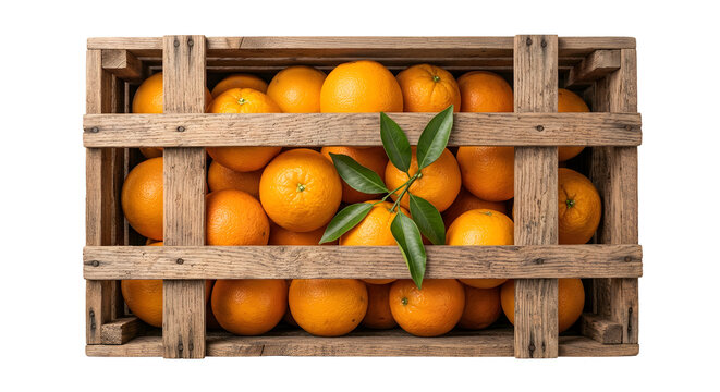 Fresh ripe oranges packed in rustic wooden crate