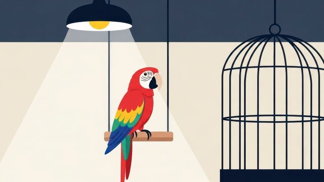 Colorful Macaw Parrot Perched on a Swing Inside a Room with a Birdcage.