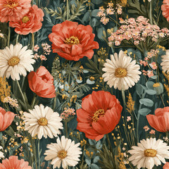 Fototapeta premium Bohemian seamless flower pattern with bold orange poppies and white daisies creating vibrant and lively floral design