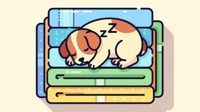 Cute puppy sleeping peacefully on stacked colorful blankets.