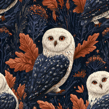 Bohemian woodland seamless pattern with elegant white owls and autumn leaves in dark blue and orange tones