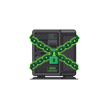 Vector illustration of a data server locked with glowing green chains and a central padlock