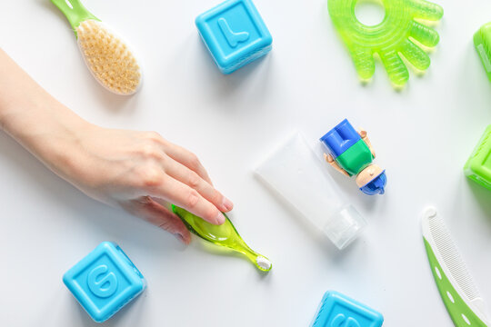 prevention and care children's teeth white background top view
