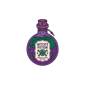 Vector illustration of a magic witch potion bottle with a skull label and green glowing elixir