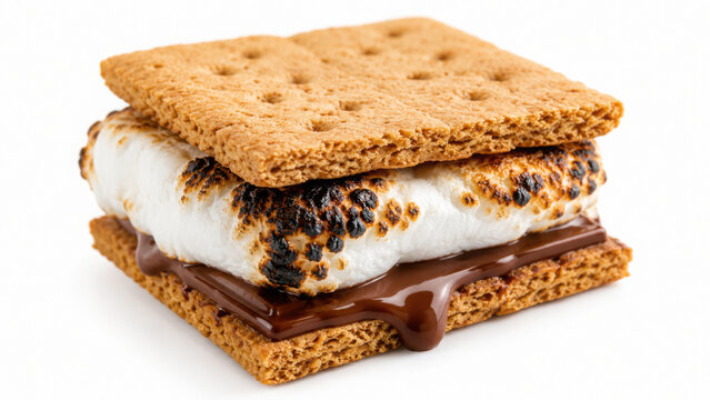Gourmet homemade s'mores dessert with toasted marshmallow and melted chocolate between crispy graham crackers for camping isolated on transparent background cut out