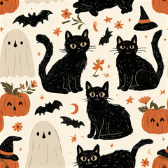 Naklejka premium Charming Halloween friends seamless pattern with playful black cats, pumpkins, ghosts, bats, and witch hats warm autumn colors