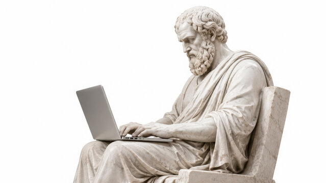 White marble sculpture bust of Socrates using a modern laptop isolated on transparent background cut out